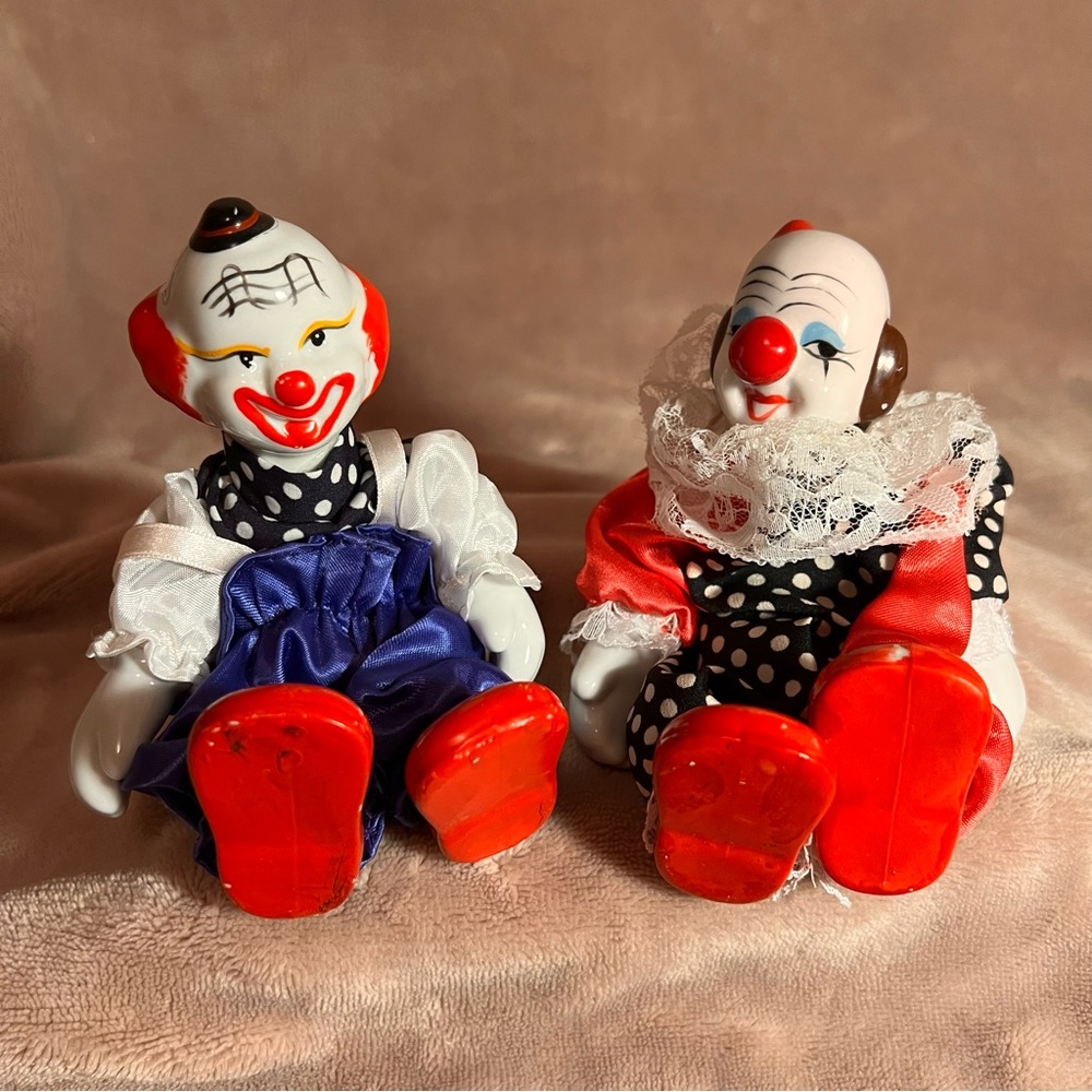VINTAGE Ornamental Red and Blue Ceramic Clown Figurines with Plush Bodies
